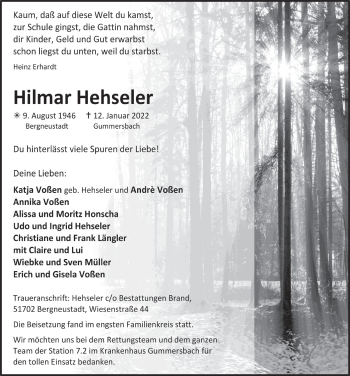 Anzeige von Hilmar Hehseler von  Anzeigen Echo 