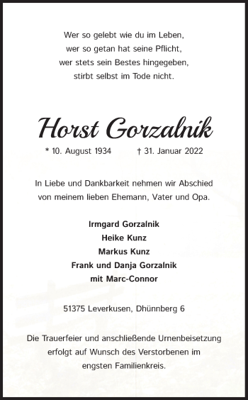 Anzeige von Horst Gorzalnik von Kölner Stadt-Anzeiger / Kölnische Rundschau / Express