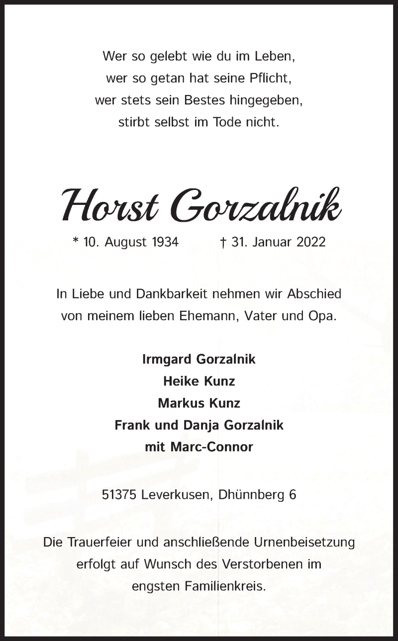  Traueranzeige für Horst Gorzalnik vom 05.02.2022 aus Kölner Stadt-Anzeiger / Kölnische Rundschau / Express