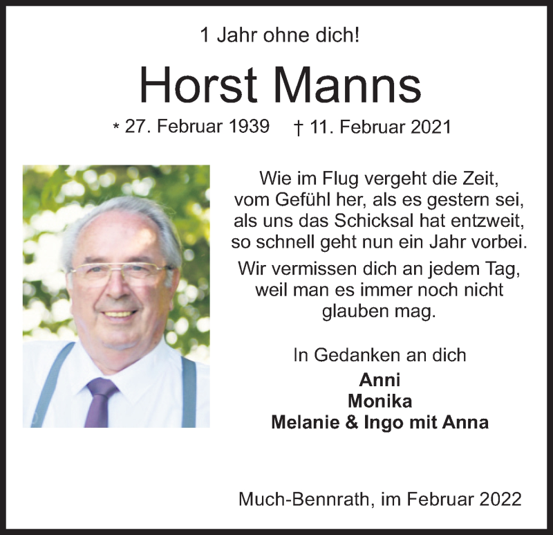 Traueranzeige für Horst Manns vom 12.02.2022 aus Kölner Stadt-Anzeiger / Kölnische Rundschau / Express
