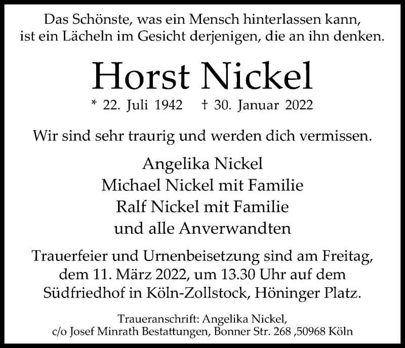  Traueranzeige für Horst Nickel vom 19.02.2022 aus Kölner Stadt-Anzeiger / Kölnische Rundschau / Express