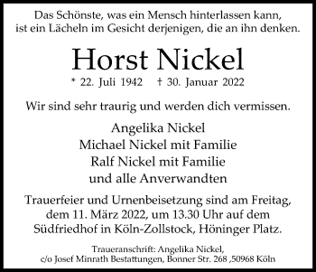 Anzeige von Horst Nickel von Kölner Stadt-Anzeiger / Kölnische Rundschau / Express