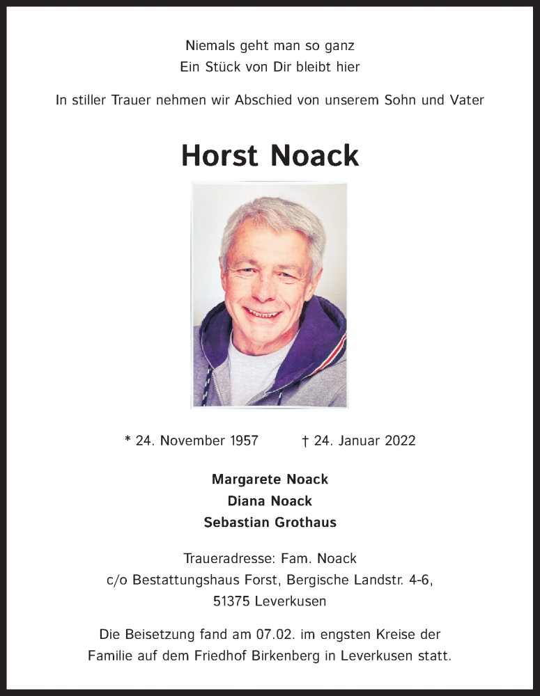  Traueranzeige für Horst Noack vom 12.02.2022 aus Kölner Stadt-Anzeiger / Kölnische Rundschau / Express