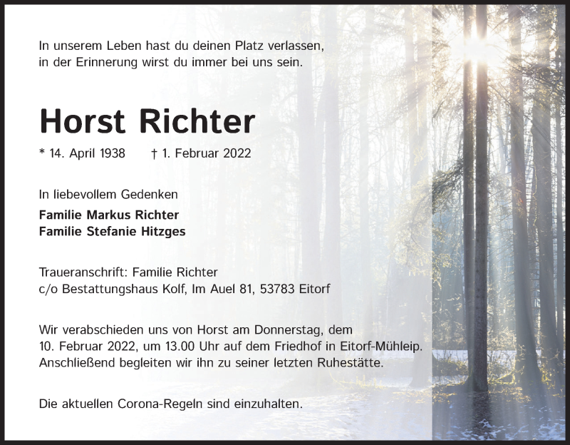  Traueranzeige für Horst Richter vom 05.02.2022 aus Kölner Stadt-Anzeiger / Kölnische Rundschau / Express