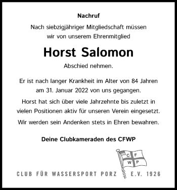Anzeige von Horst Salomon von Kölner Stadt-Anzeiger / Kölnische Rundschau / Express