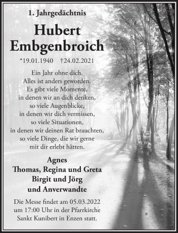 Anzeige von Hubert Embgenboich von  Blickpunkt Euskirchen 