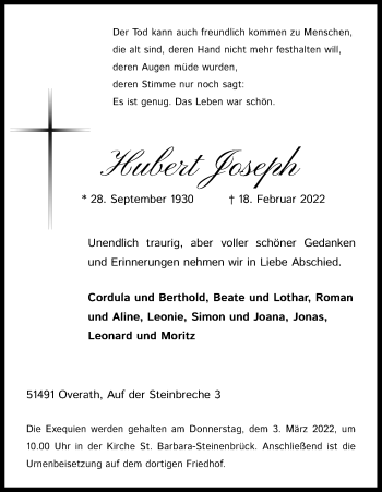 Anzeige von Hubert Joseph von Kölner Stadt-Anzeiger / Kölnische Rundschau / Express