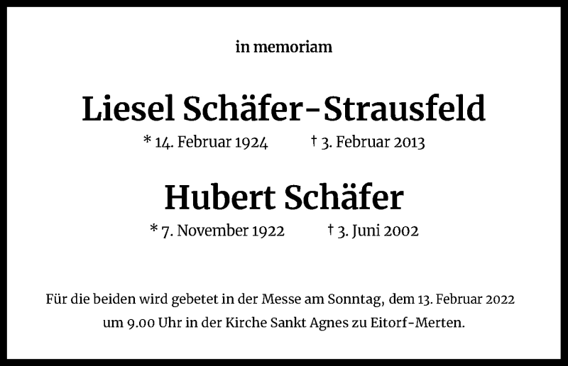  Traueranzeige für Hubert Schäfer vom 09.02.2022 aus Kölner Stadt-Anzeiger / Kölnische Rundschau / Express