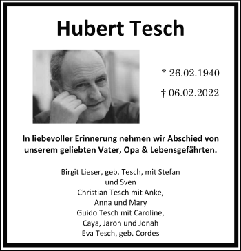 Anzeige von Hubert Tesch von Kölner Stadt-Anzeiger / Kölnische Rundschau / Express
