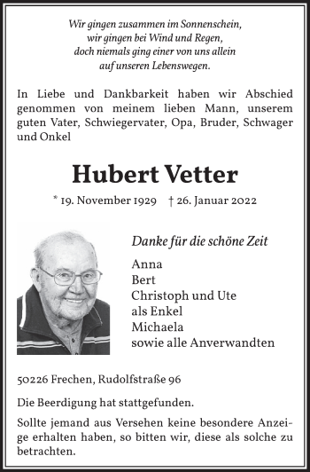 Anzeige von Hubert Vetter von  Wochenende 