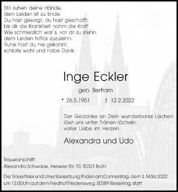 Anzeige von Inge Eckler von Kölner Stadt-Anzeiger / Kölnische Rundschau / Express