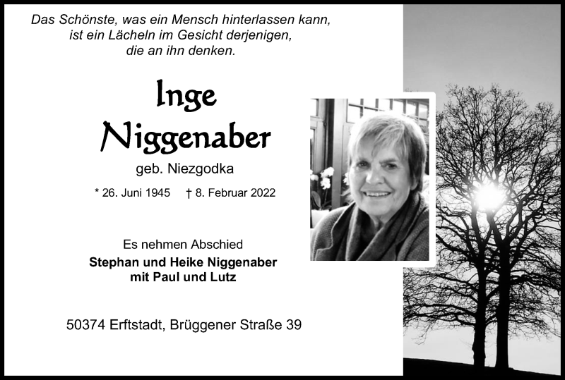  Traueranzeige für Inge Niggenaber vom 19.02.2022 aus Kölner Stadt-Anzeiger / Kölnische Rundschau / Express