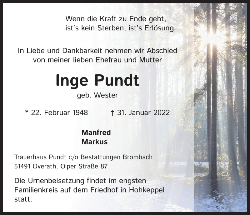  Traueranzeige für Inge Pundt vom 05.02.2022 aus Kölner Stadt-Anzeiger / Kölnische Rundschau / Express