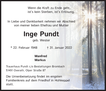 Anzeige von Inge Pundt von Kölner Stadt-Anzeiger / Kölnische Rundschau / Express