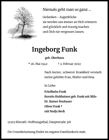 Anzeige von Ingeborg Funk von Kölner Stadt-Anzeiger / Kölnische Rundschau / Express