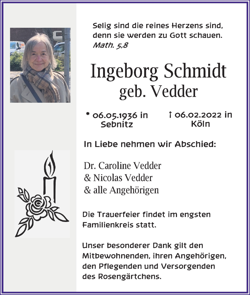  Traueranzeige für Ingeborg Schmidt vom 12.02.2022 aus Kölner Stadt-Anzeiger / Kölnische Rundschau / Express