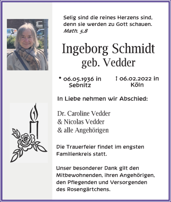 Anzeige von Ingeborg Schmidt von Kölner Stadt-Anzeiger / Kölnische Rundschau / Express