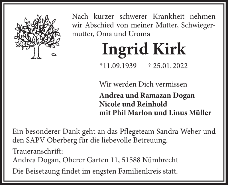  Traueranzeige für Ingrid Kirk vom 04.02.2022 aus  Lokalanzeiger 