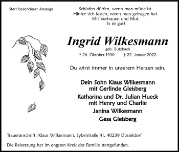 Anzeige von Ingrid Wilkesmann von Kölner Stadt-Anzeiger / Kölnische Rundschau / Express
