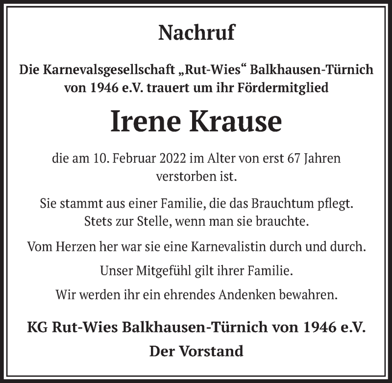  Traueranzeige für Irene Krause vom 25.02.2022 aus  Werbepost 