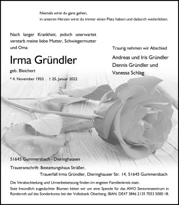 Anzeige von Irma Gründler von  Anzeigen Echo 
