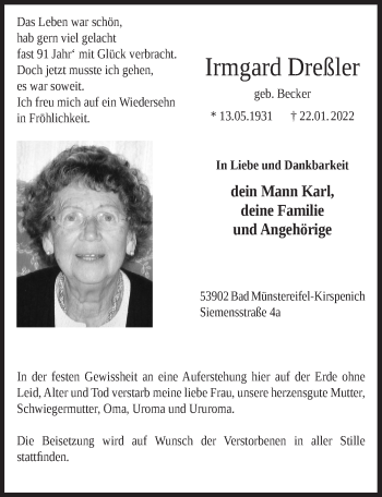 Anzeige von Irmgard Dreßler von  Blickpunkt Euskirchen 
