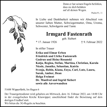 Anzeige von Irmgard Fastenrath von Kölner Stadt-Anzeiger / Kölnische Rundschau / Express