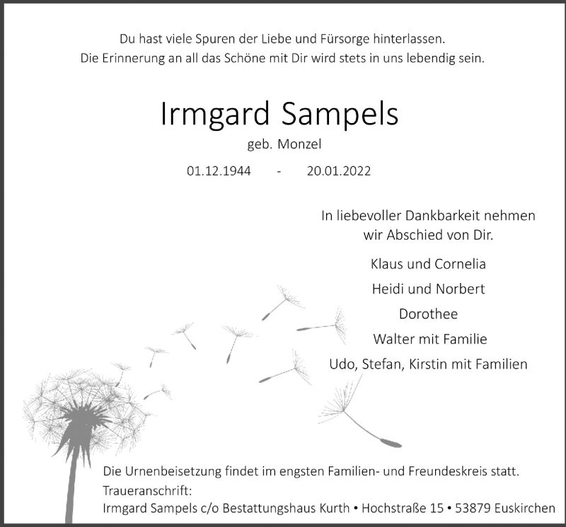  Traueranzeige für Irmgard Sampels vom 12.02.2022 aus  Blickpunkt Euskirchen 