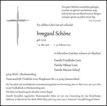 Anzeige von Irmgard Schöne von Kölner Stadt-Anzeiger / Kölnische Rundschau / Express