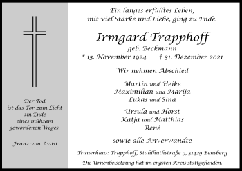 Anzeige von Irmgard Trapphoff von Kölner Stadt-Anzeiger / Kölnische Rundschau / Express