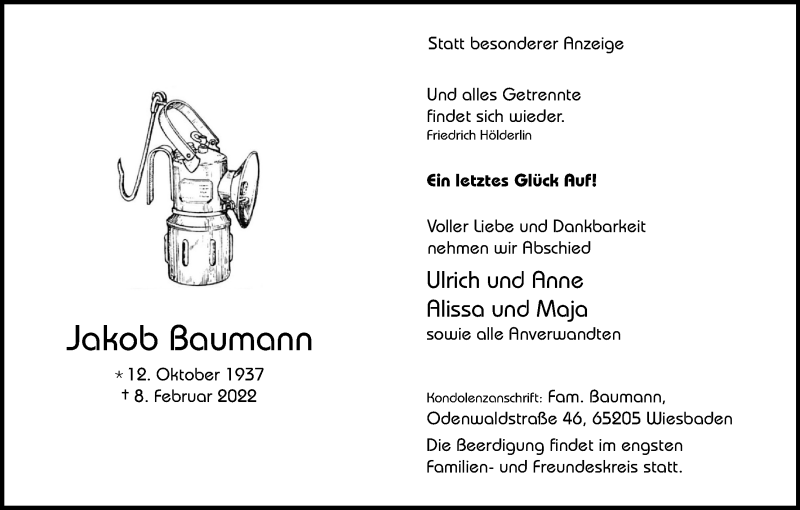  Traueranzeige für Jakob Baumann vom 12.02.2022 aus Kölner Stadt-Anzeiger / Kölnische Rundschau / Express