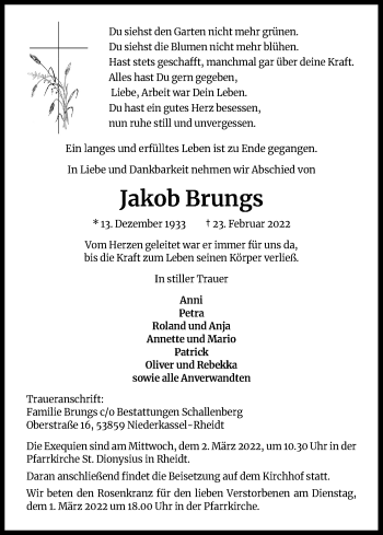 Anzeige von Jakob Brungs von Kölner Stadt-Anzeiger / Kölnische Rundschau / Express