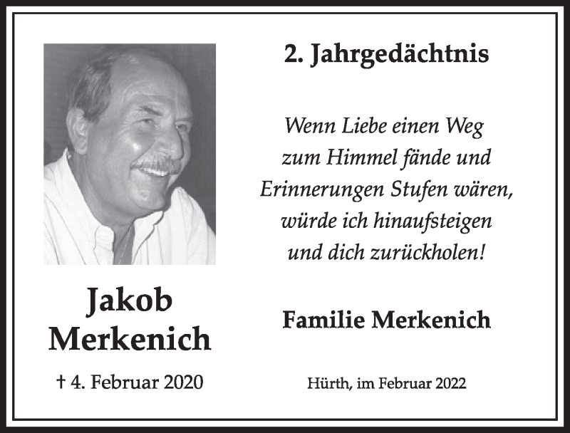  Traueranzeige für Jakob Merkenich vom 04.02.2022 aus  Wochenende 