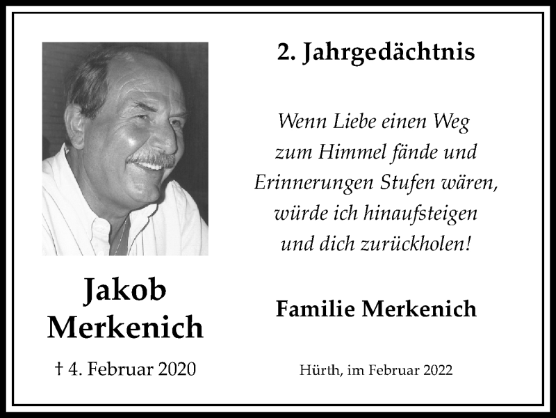  Traueranzeige für Jakob Merkenich vom 05.02.2022 aus Kölner Stadt-Anzeiger / Kölnische Rundschau / Express