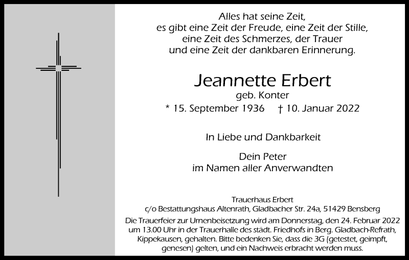  Traueranzeige für Jeannette Erbert vom 19.02.2022 aus Kölner Stadt-Anzeiger / Kölnische Rundschau / Express