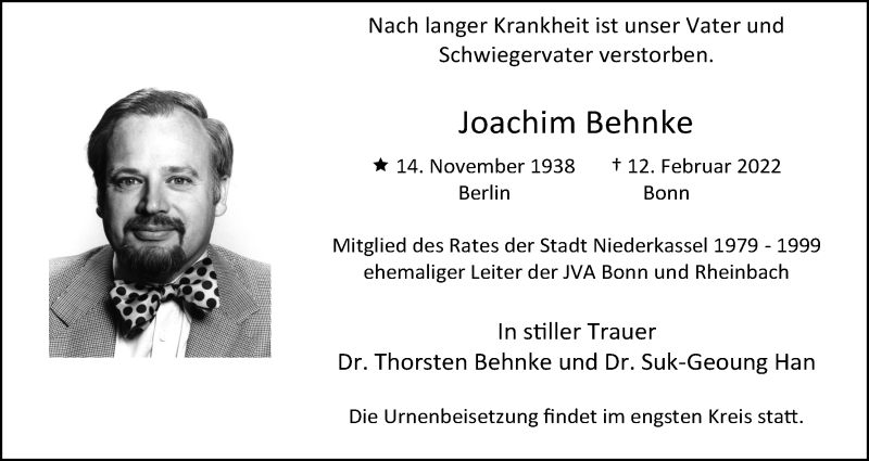  Traueranzeige für Joachim Behnke vom 26.02.2022 aus Kölner Stadt-Anzeiger / Kölnische Rundschau / Express