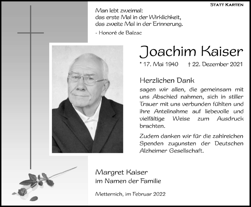  Traueranzeige für Joachim Kaiser vom 05.02.2022 aus  Blickpunkt Euskirchen 