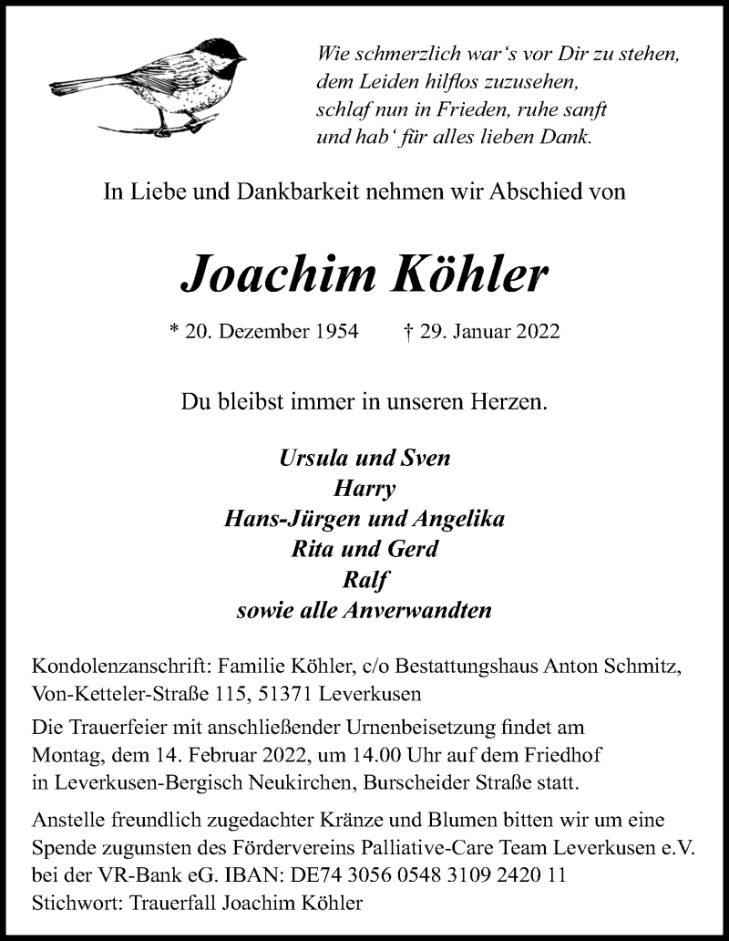  Traueranzeige für Joachim Köhler vom 09.02.2022 aus Kölner Stadt-Anzeiger / Kölnische Rundschau / Express