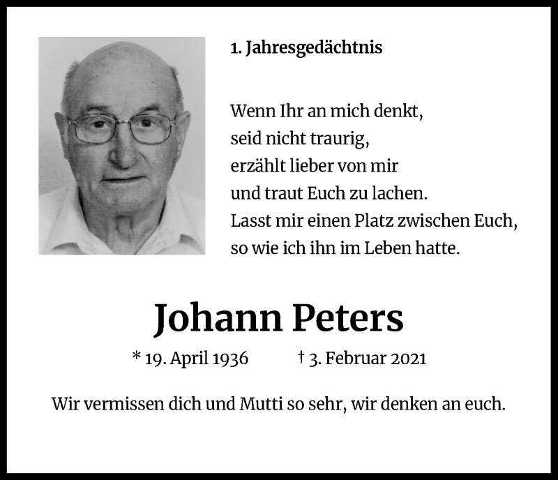  Traueranzeige für Johann Peters vom 03.02.2022 aus Kölner Stadt-Anzeiger / Kölnische Rundschau / Express