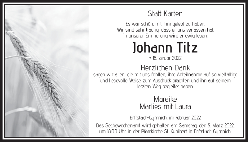  Traueranzeige für Johann Titz vom 25.02.2022 aus  Werbepost 
