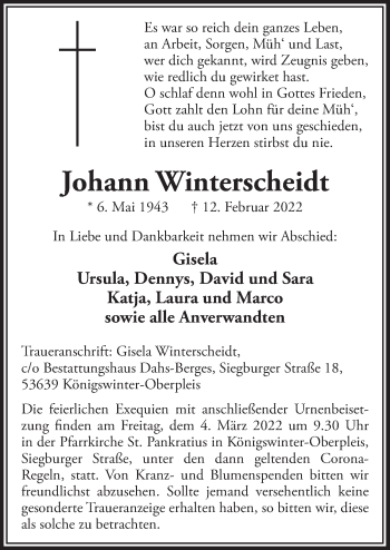Anzeige von Johann Winterscheidt von  Extra Blatt 
