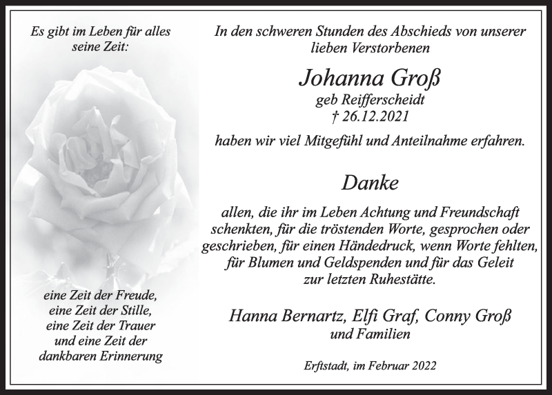  Traueranzeige für Johanna Groß vom 04.02.2022 aus  Werbepost 