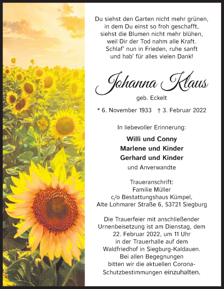  Traueranzeige für Johanna Klaus vom 12.02.2022 aus Kölner Stadt-Anzeiger / Kölnische Rundschau / Express