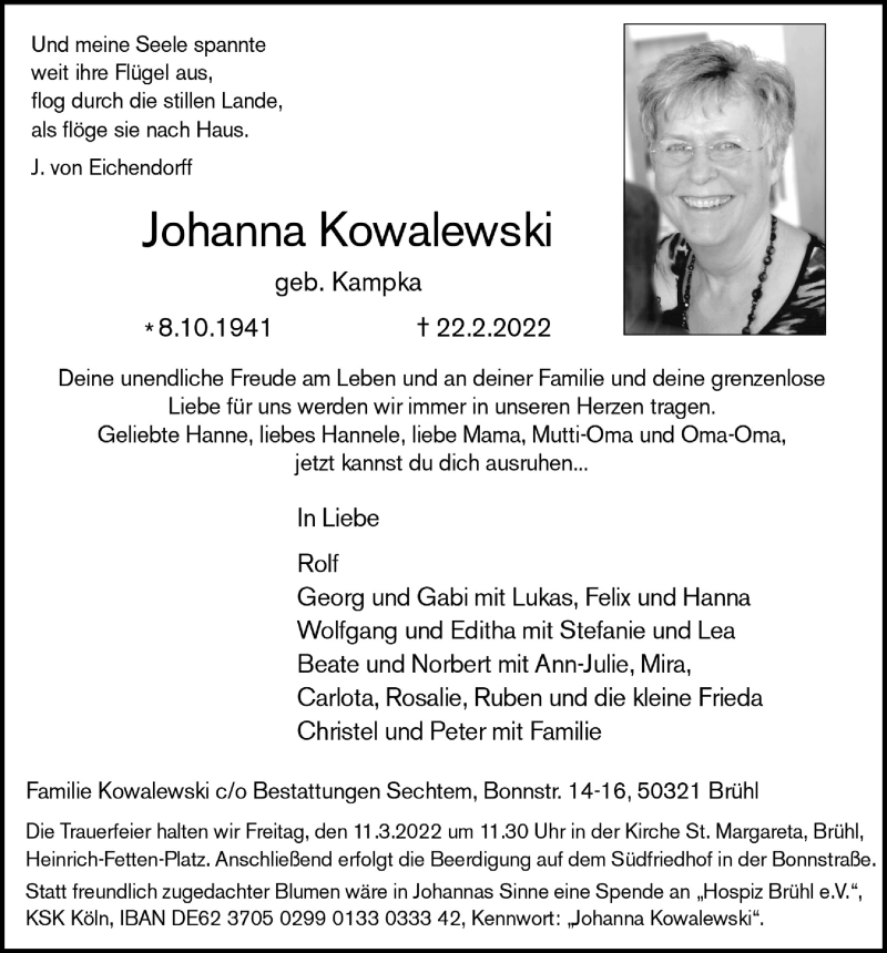  Traueranzeige für Johanna Kowalewski vom 25.02.2022 aus  Schlossbote/Werbekurier 