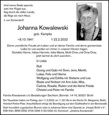 Anzeige von Johanna Kowalewski von Kölner Stadt-Anzeiger / Kölnische Rundschau / Express