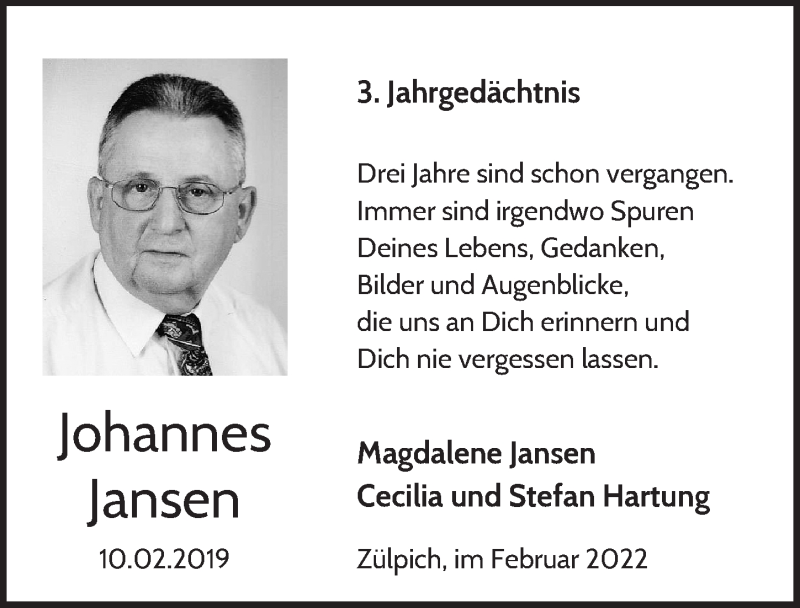  Traueranzeige für Johannes Jansen vom 12.02.2022 aus  Blickpunkt Euskirchen 