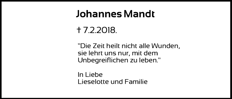  Traueranzeige für Johannes Mandt vom 07.02.2022 aus Kölner Stadt-Anzeiger / Kölnische Rundschau / Express