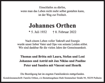 Anzeige von Johannes Orthen von  Wochenende 