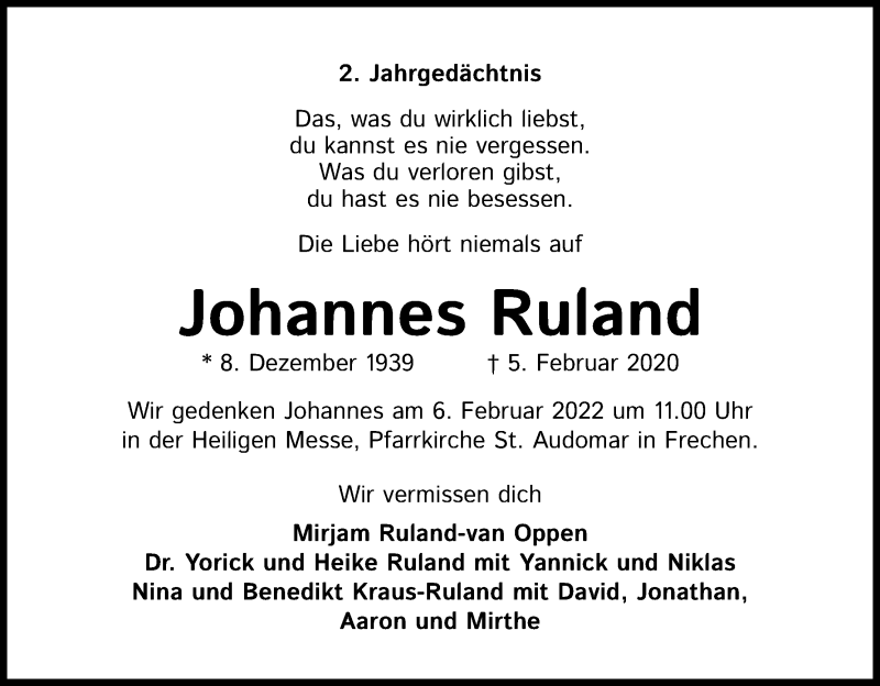  Traueranzeige für Johannes Ruland vom 05.02.2022 aus Kölner Stadt-Anzeiger / Kölnische Rundschau / Express