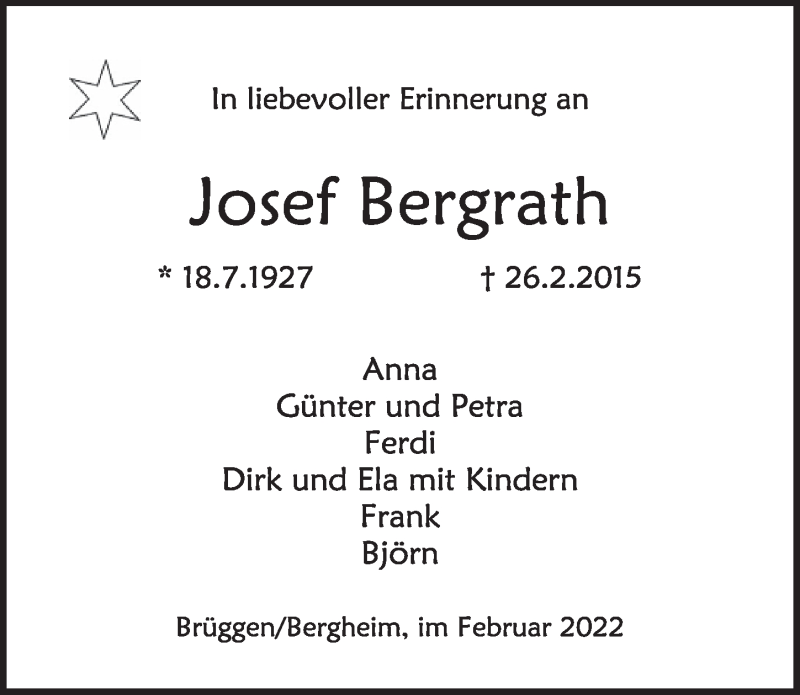  Traueranzeige für Josef Bergrath vom 25.02.2022 aus  Werbepost 